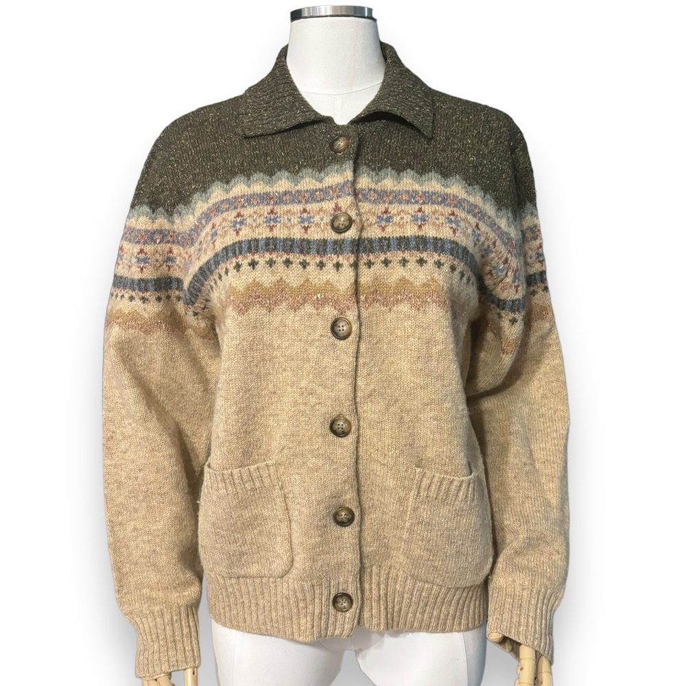 EVAN PICONE Green & Tan Wool & Silk Fair Isle Collared Cardigan